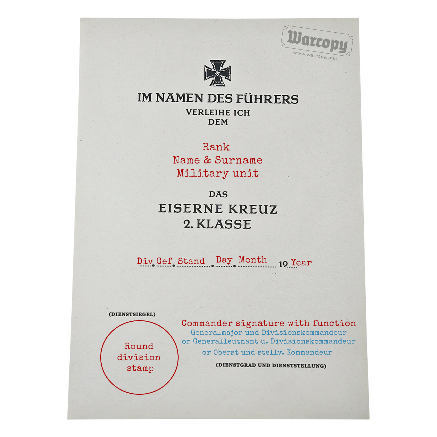 Iron cross 2 class how to fill badge certificate